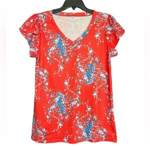 Floral V Neck Short Sleeved Shirt with Overlap Sleeve Detail